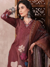 Women Brown Silk Blend Floral Printed Straight Kurta Trouser With Dupatta-PKSKD2552BRN